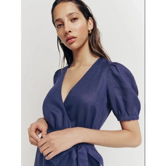 NWT Reformation Weiss Linen Wrap Midi Dress Danube Blue Women's Size XL - Picture 3 of 11